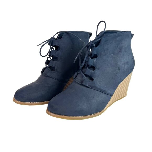 🟣🟣🟣 NAUTICA Womens Size 9.5 Dark Blue Tie Up Wedge Heels - Picture 1 of 8